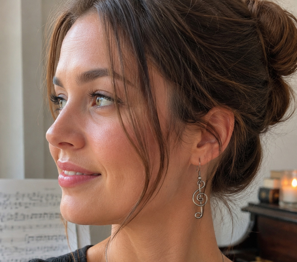 Silver Tone Treble Clef Dangle Earrings Music Note Wire Wrapped Musician Artisan